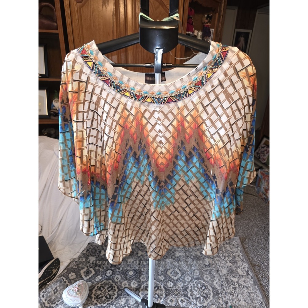 Rafaella Blouse XL Thin But Lined, Turquoise Gem‎ Butterfly Pattern, 22-26" PTP,